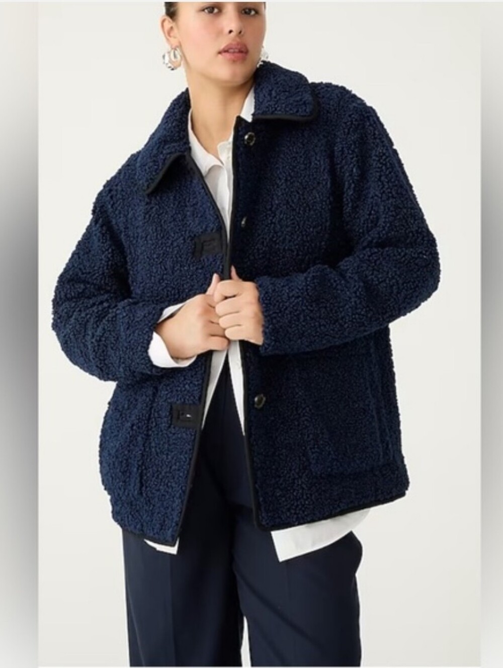 J Crew Teddy Sherpa Jacket Coat Navy Blue Faux Fur Berber Shearling Like New M